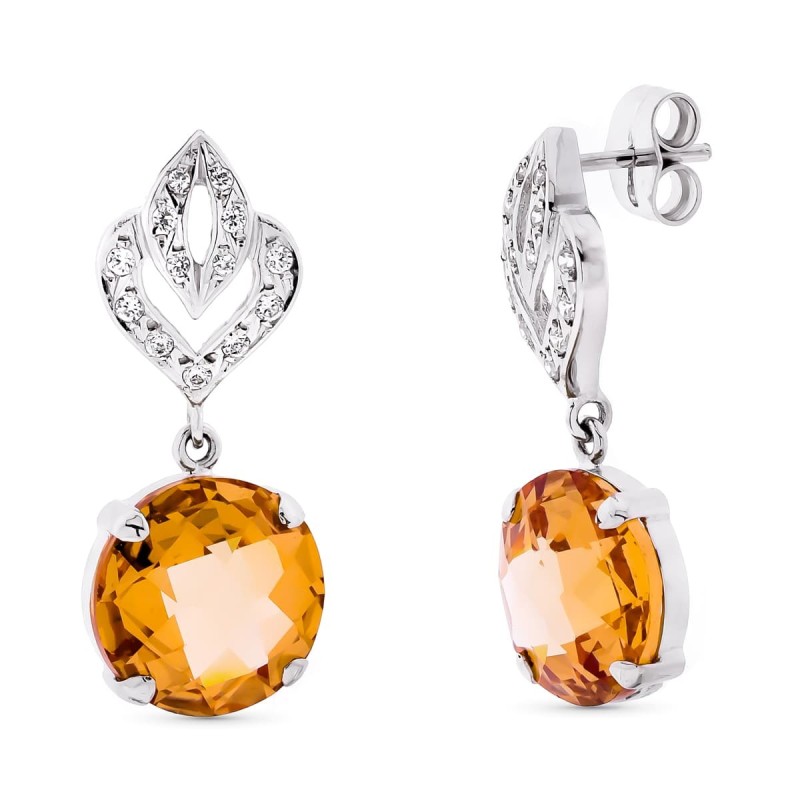 Pendientes Oro Blanco Largos Piedra Color 29X12 Mm Cierre Presion oro 18k
