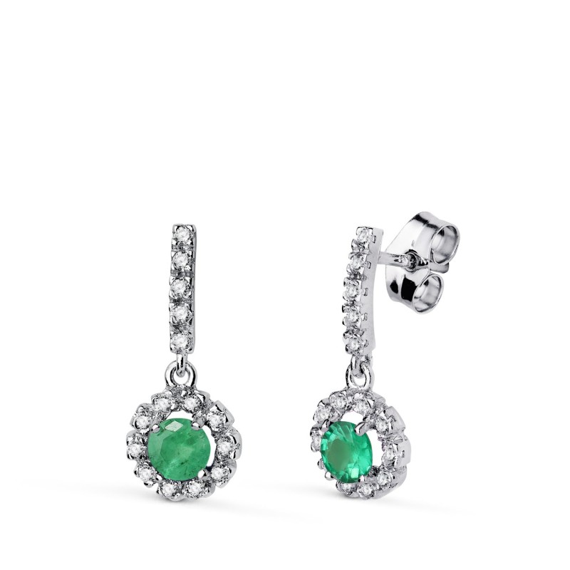 Pendientes Esmeralda Fina Y Circonitas Presion oro 18k