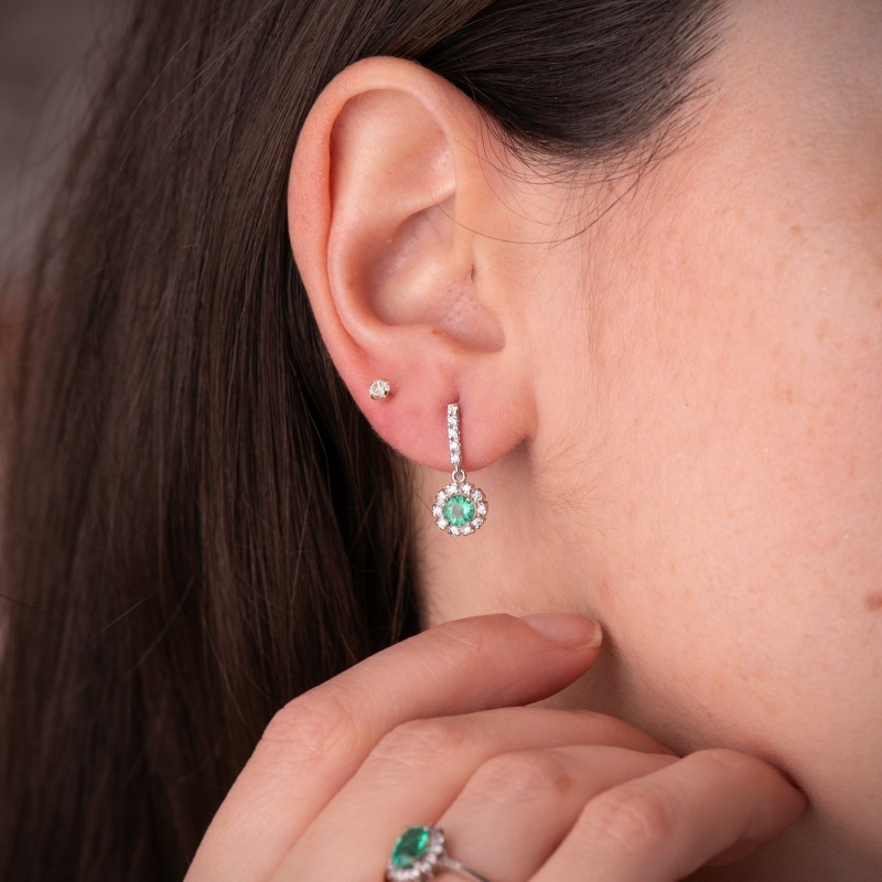 Pendientes Esmeralda Fina Y Circonitas Presion oro 18k