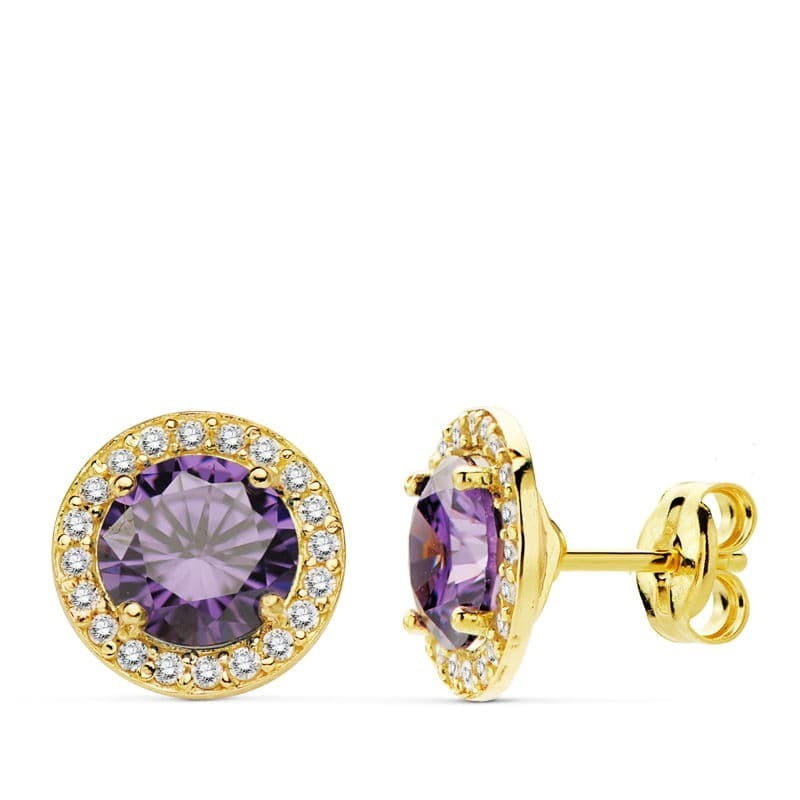 Pendientes Oro Amarillo Piedra Amatista Circon. 9 Mm Cierre Presion oro 18k