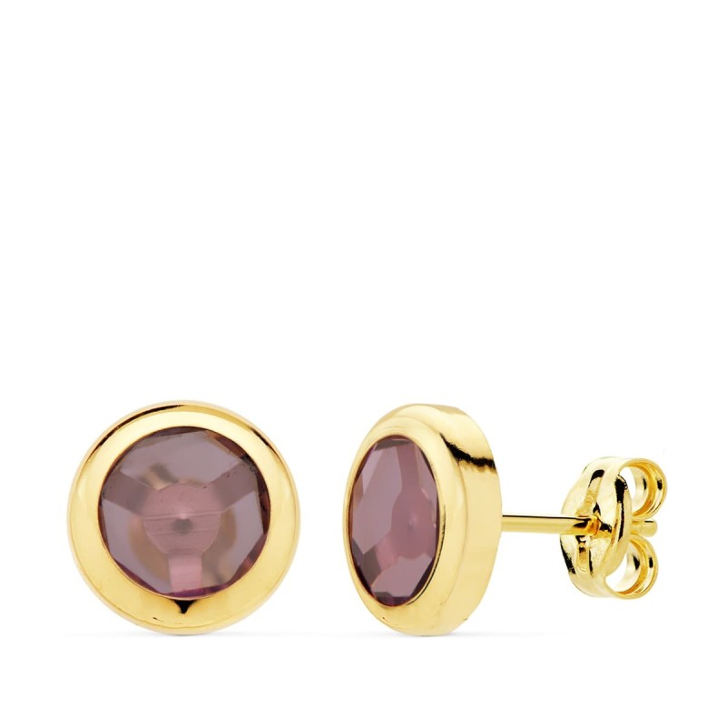 Pendientes Oro Amarillo Chaton Piedra Amatista 8.5 Mm Cierre Presion oro 18k