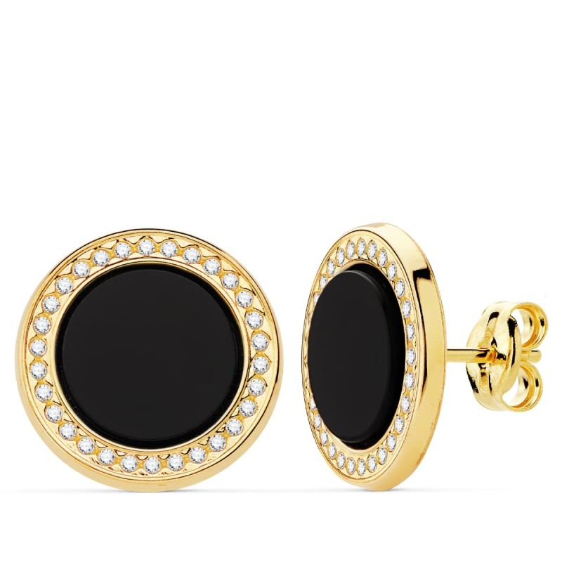 Pendientes Oro Amarillo Redondos Circonita Y Onix. 12.5 Mm Cierre Presion oro 18k