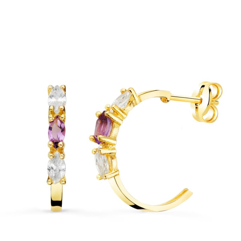 Pendientes Oro Amarillo Medio Aro Amatista Talla Marquise. 15X2 Mm Presion oro 18k