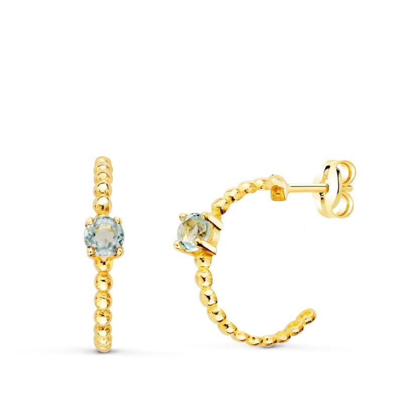 Pendientes Oro Amarillo Medio Aro Bolitas Con Aguamarina 13X3Mm Cierre Presion oro 18k