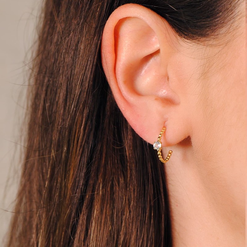 Pendientes Oro Amarillo Medio Aro Bolitas Con Aguamarina 13X3Mm Cierre Presion oro 18k