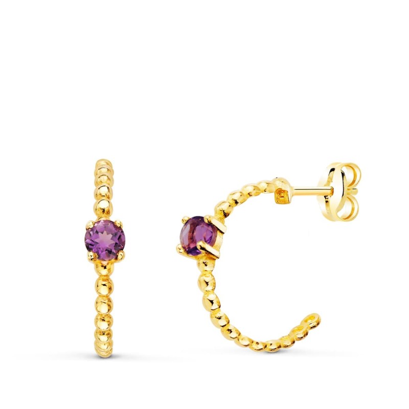 Pendientes Oro Amarillo Medio Aro Bolitas Con Amatista 13X3Mm Cierre Presion oro 18k
