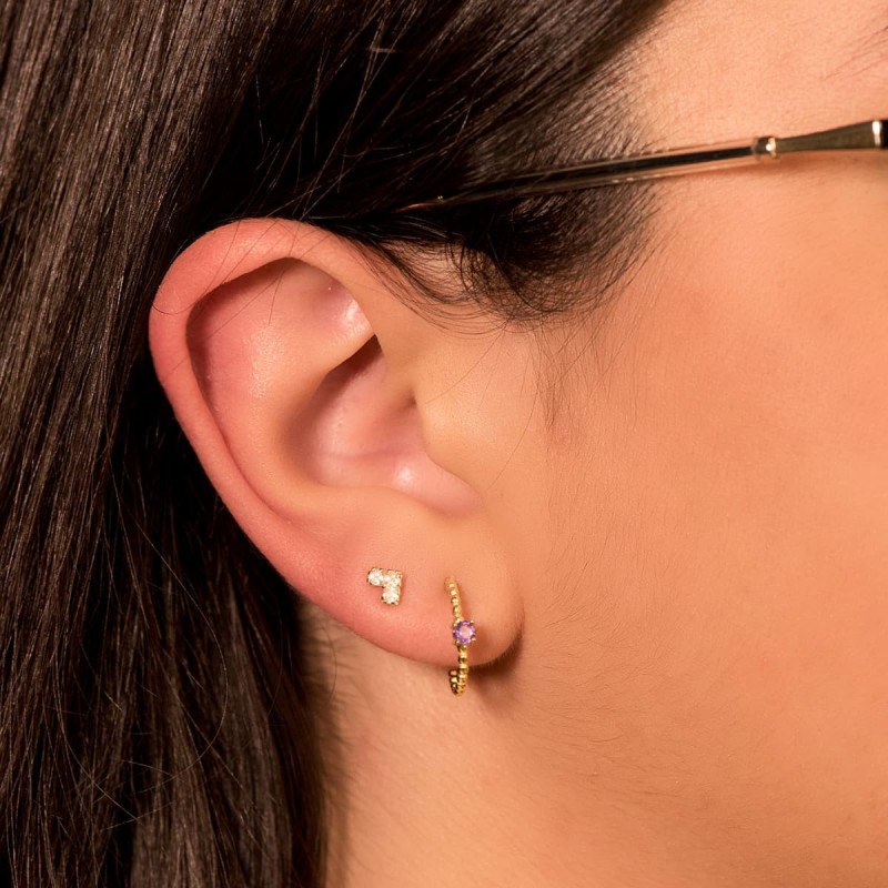 Pendientes Oro Amarillo Medio Aro Bolitas Con Amatista 13X3Mm Cierre Presion oro 18k