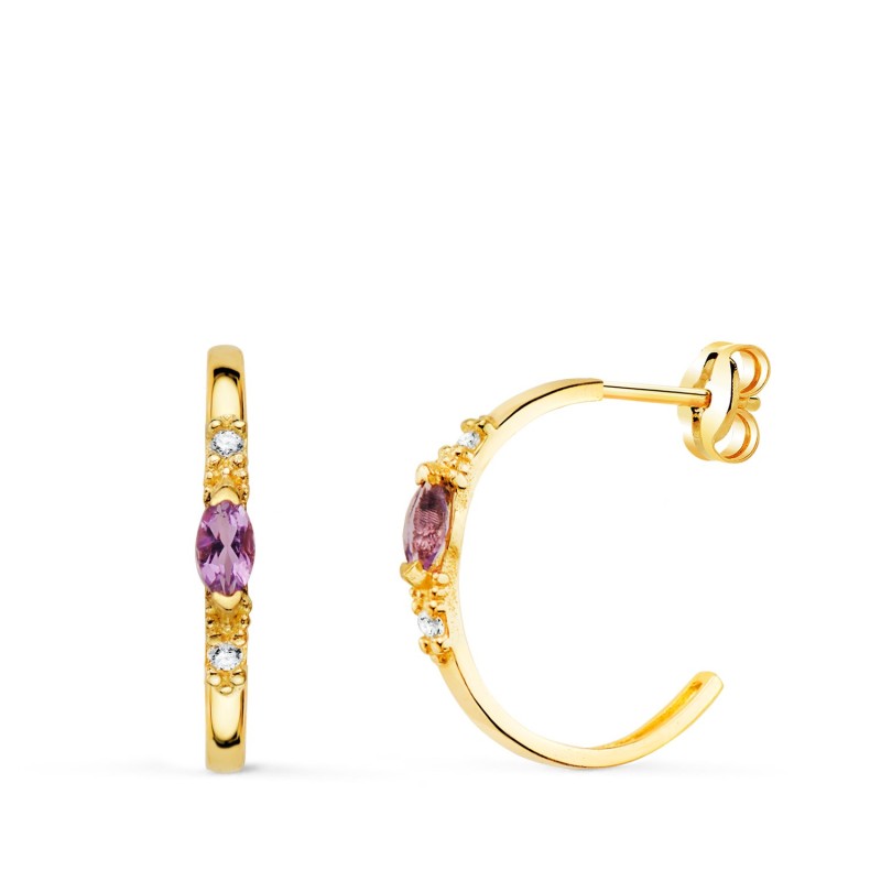 Pendientes Oro Amarillo Medio Aro Amatista Talla Marquise. 15X2 Mm. Cierre Presion oro 18k