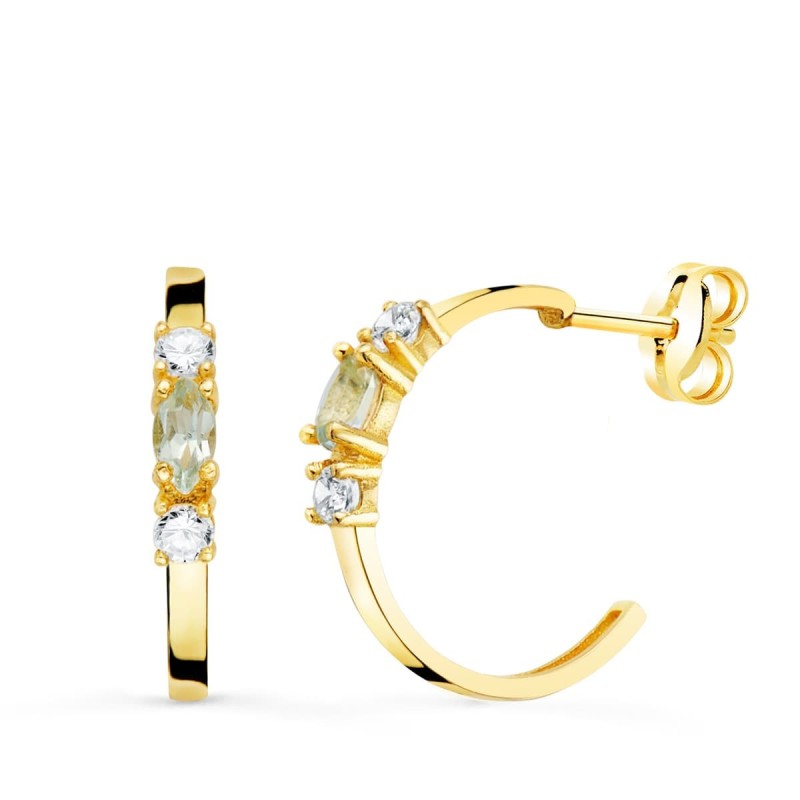 Pendientes Oro Amarillo 1 2 Aro Aguamarina Talla Marquise. 15X2 Mm Presion oro 18k