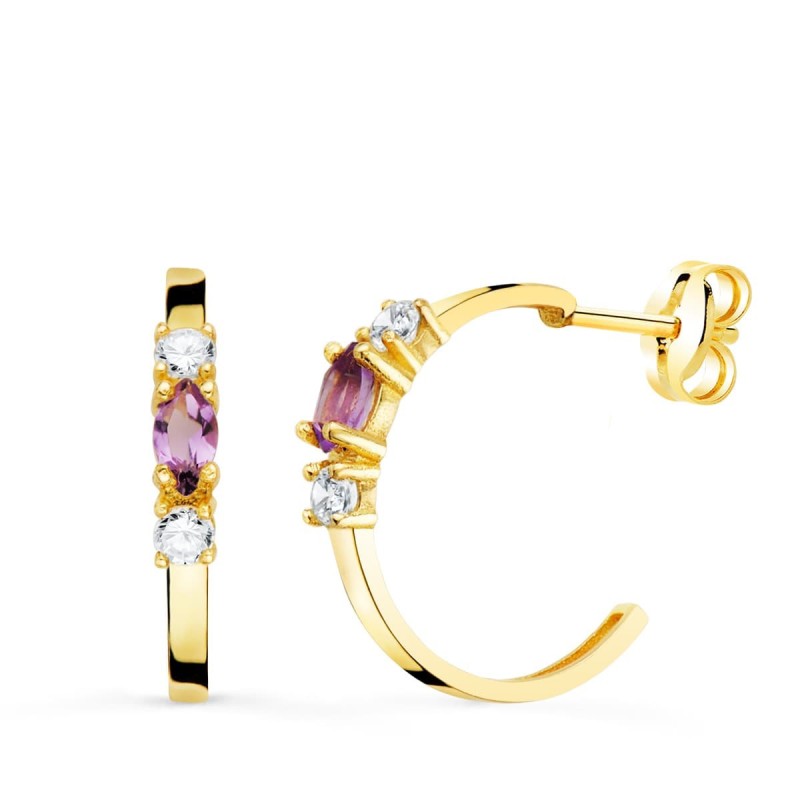 Pendientes Oro Amarillo Medio Aro Amatista Talla Marquise. 15X2 Mm Presion oro 18k