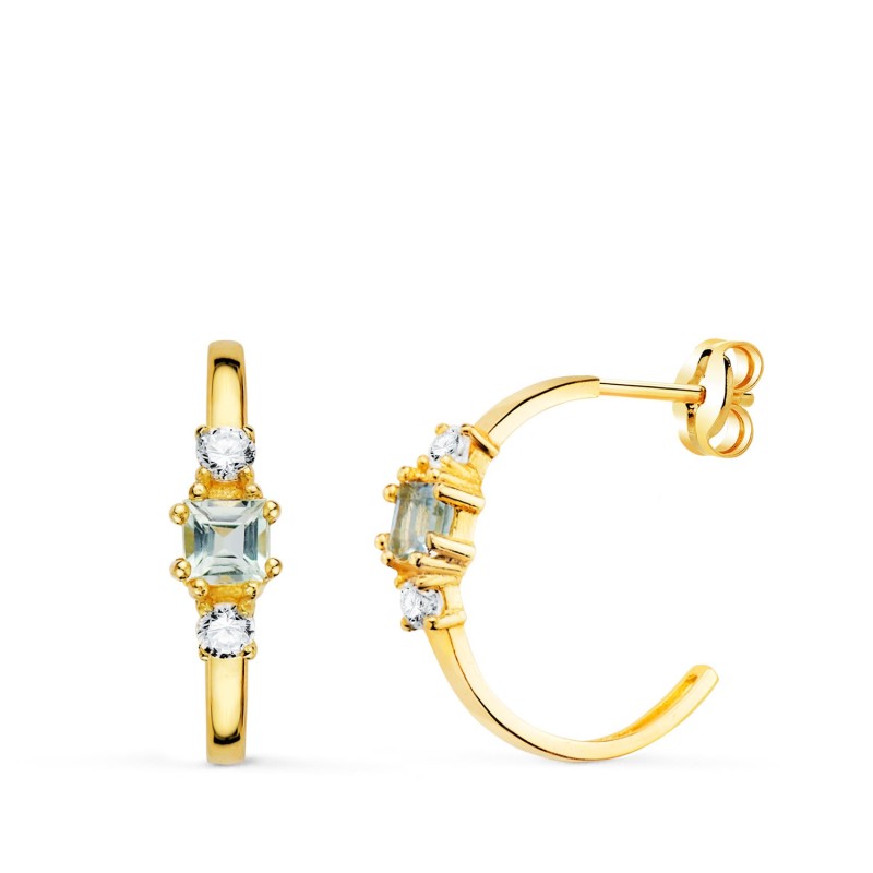 Pendientes Oro Amarillo Medio Aro Aguamarina Cuadrada Y Circonitas. 14X3,5 Mm Cierre Presion oro 18k