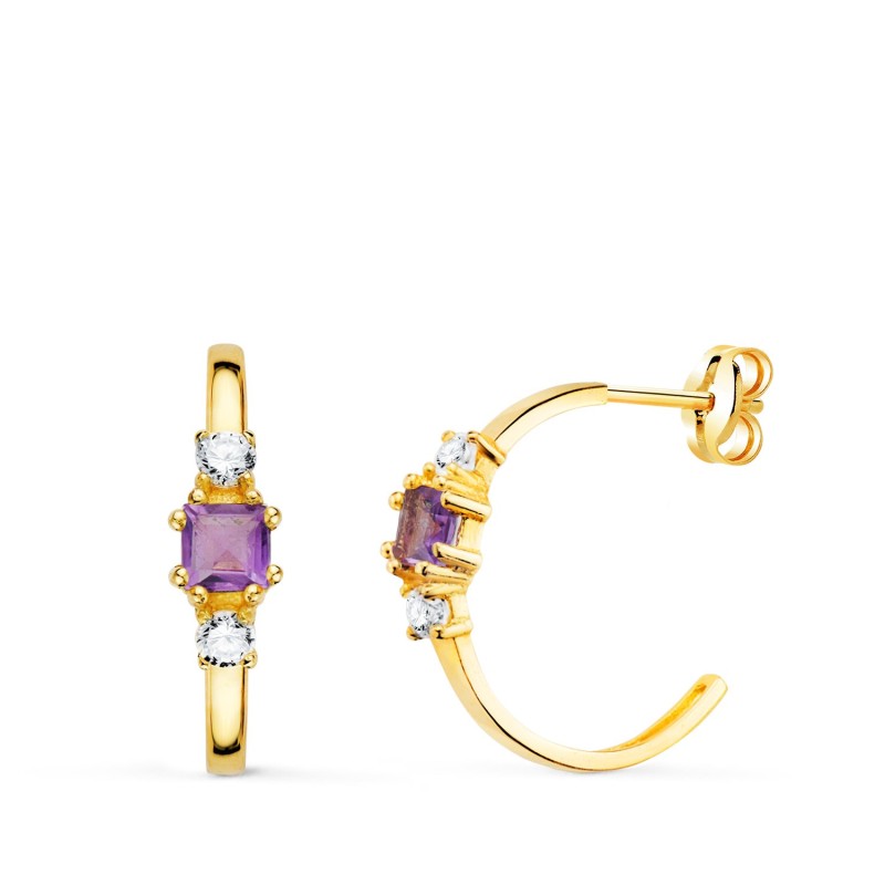 Pendientes Oro Amarillo Medio Aro Amatista Cuadrada Y Circonitas. 14X3,5 Mm Cierre Presion oro 18k