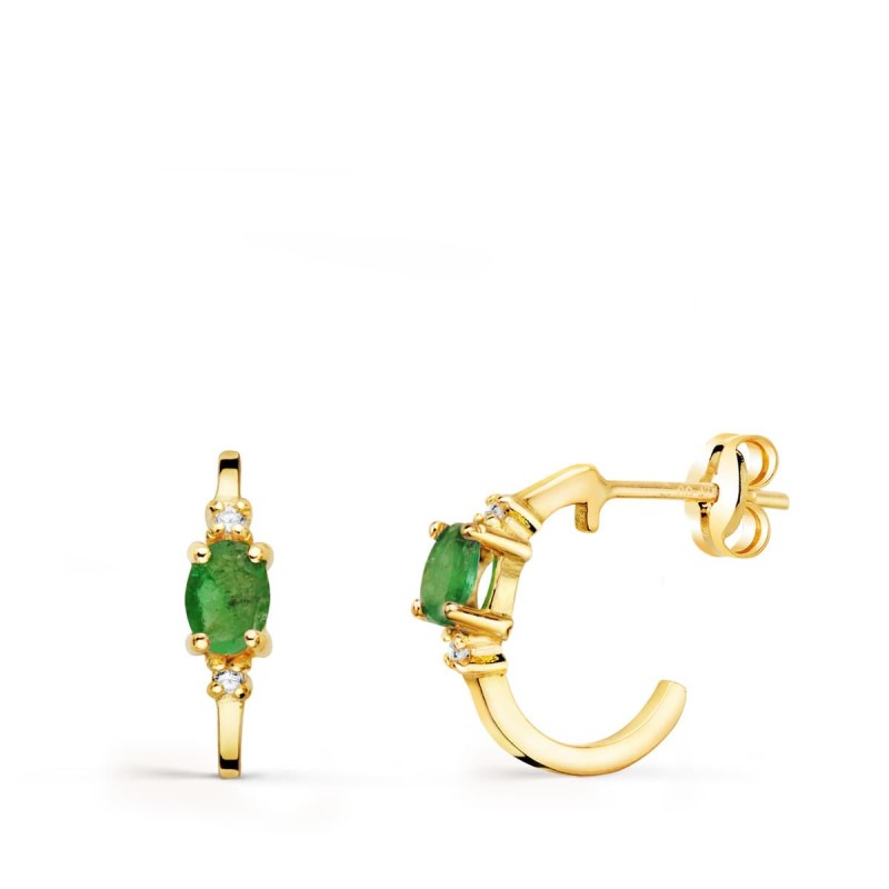 Pendientes Oro Amarillo Medio Aro Liso Con Esmeraldas 12X3 Mm Cierre Presion. oro 18k