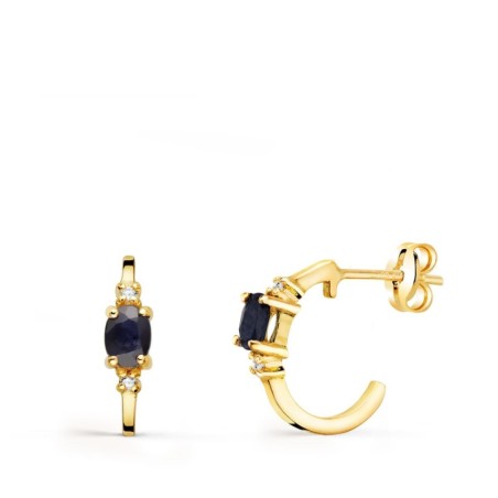 Pendientes Oro Amarillo Medio Aro Liso Con Zafiros 12X3 Mm Cierre Presion. oro 18k