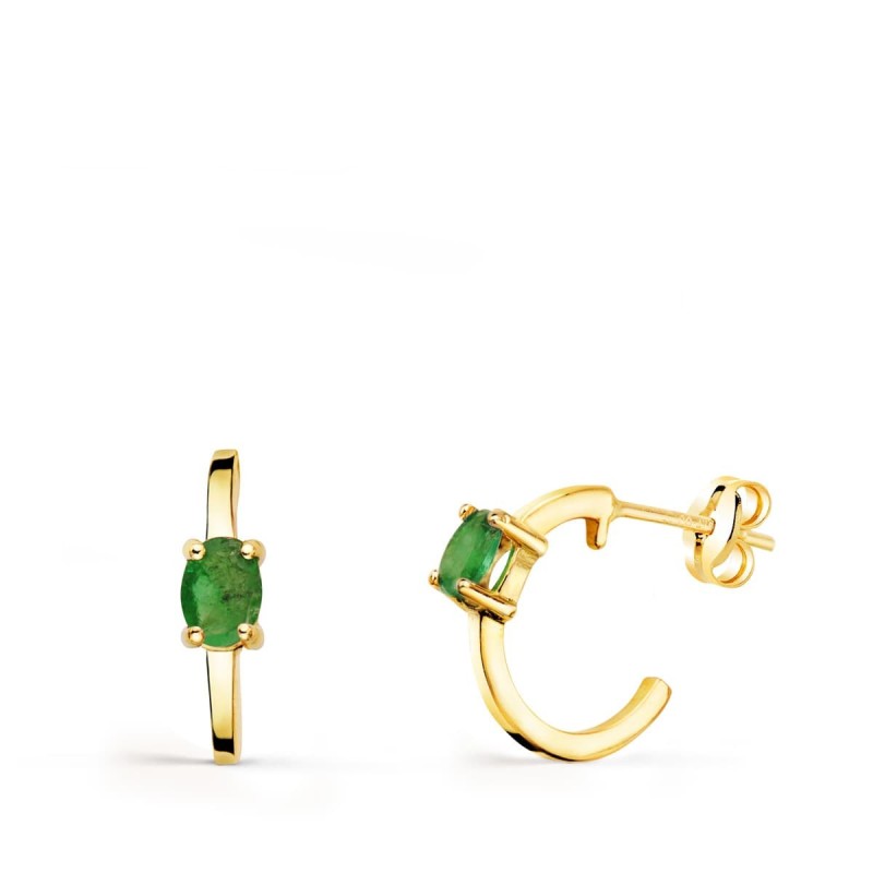 Pendientes Oro Amarillo Medio Aro Liso Con Esmeraldas 12X3 Mm Cierre Presion. oro 18k