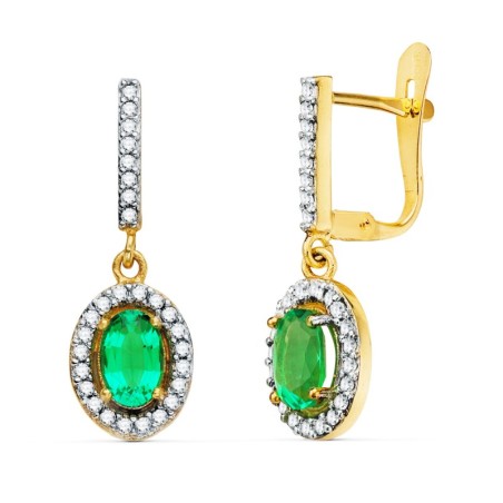 Pendientes Oro Bicolor Dos Cuerpos Esmeralda 6 X 4 Mm Y Circonitas. 22 X 8Mm Cierre Catalan oro 18k