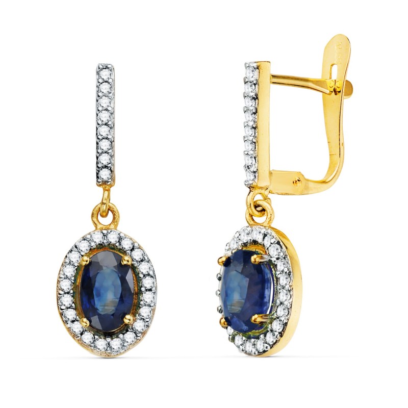 Pendientes Oro Bicolor Dos Cuerpos Zafiro Azul 6 X 4 Mm Y Circonitas. 22 X 8Mm Cierre Catalan oro 18k