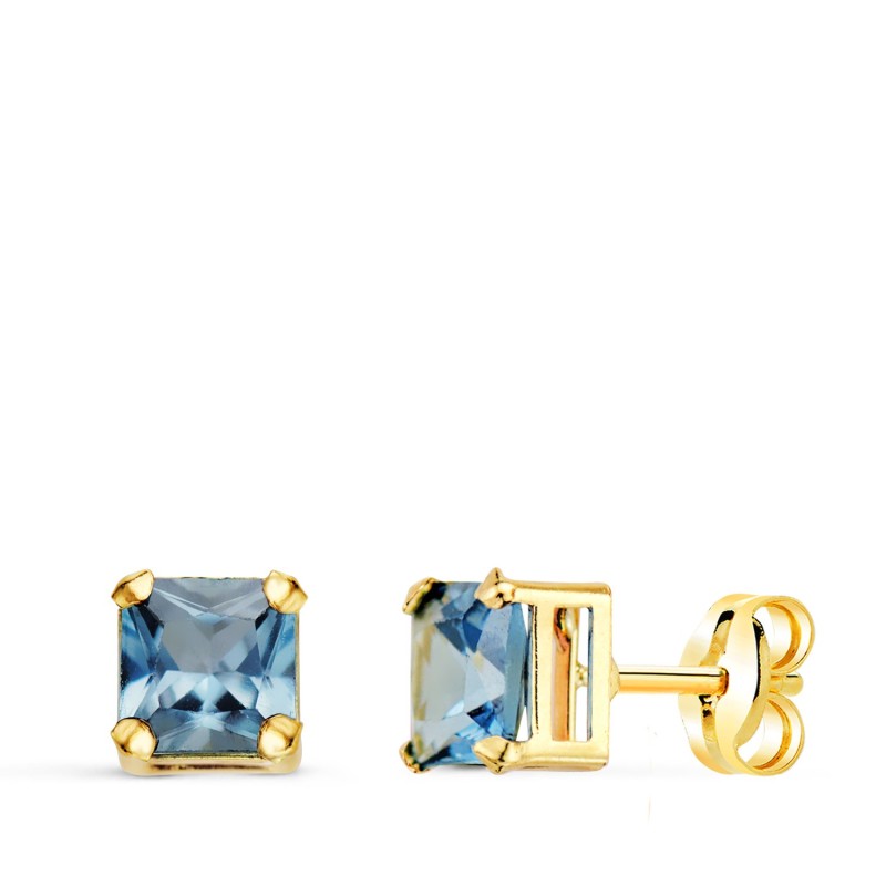 Pendientes Oro Amarillo Cuadrados Piedra Color Aguamarina 5,5 X 5,5 Mm. Cierre Presion oro 18k