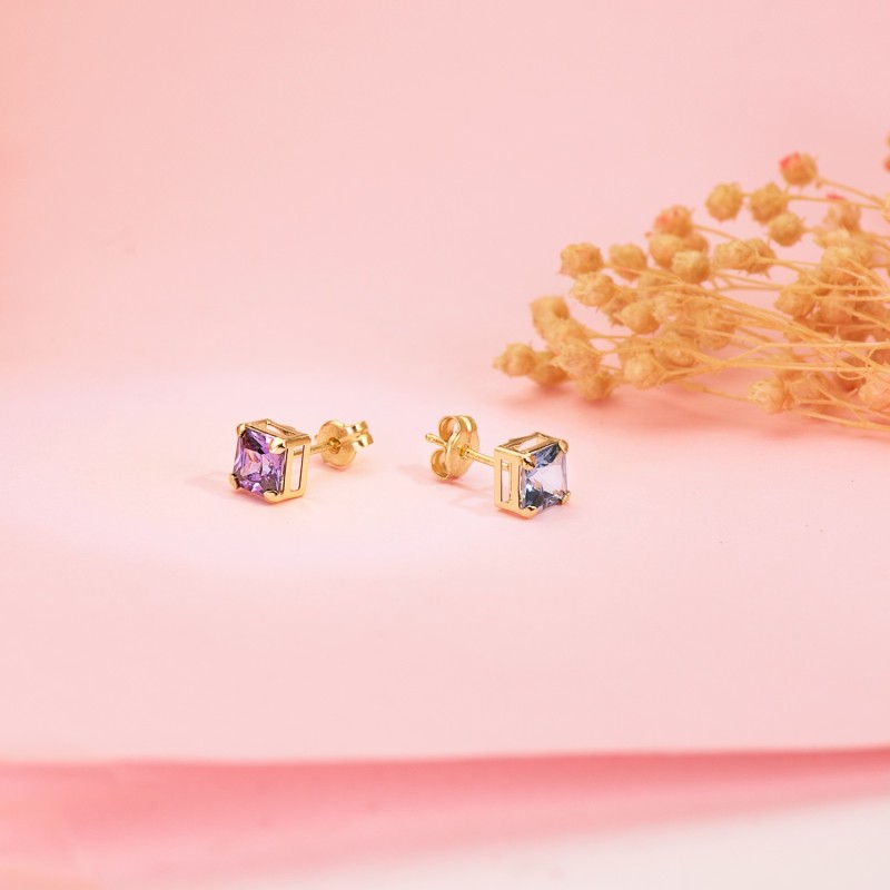 Pendientes Oro Amarillo Cuadrados Piedra Color Aguamarina 5,5 X 5,5 Mm. Cierre Presion oro 18k
