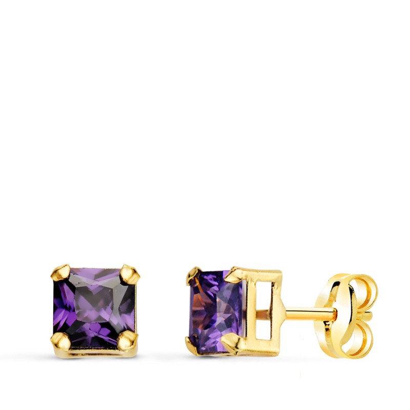 Pendientes Oro Amarillo Cuadrados Piedra Color Amatista 5,5 X 5,5 Mm. Cierre Presion oro 18k