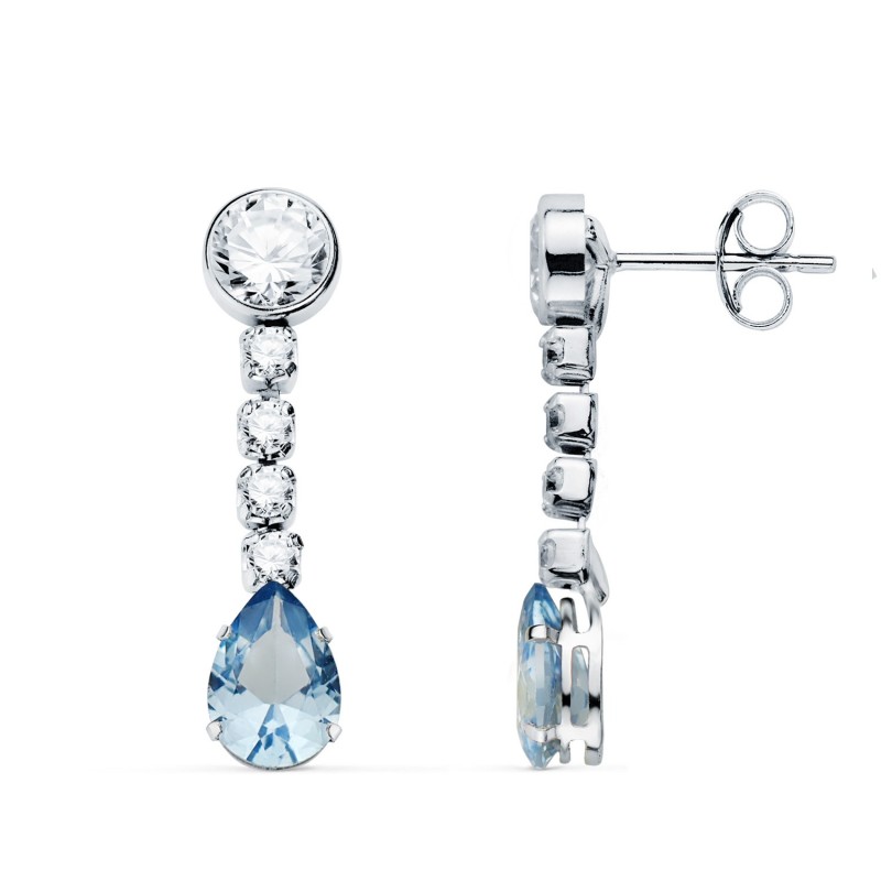 Pendientes Oro Blanco Agua Marina En Forma De Gota Y Circonitas. 22X5 Mm. Cierre Presion oro 18k