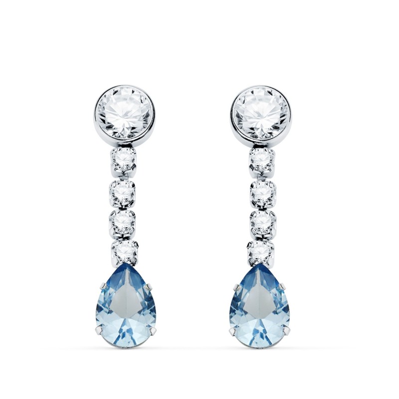 Pendientes Oro Blanco Agua Marina En Forma De Gota Y Circonitas. 22X5 Mm. Cierre Presion oro 18k