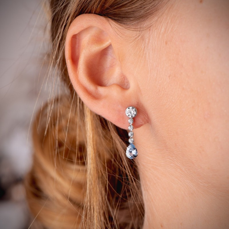 Pendientes Oro Blanco Agua Marina En Forma De Gota Y Circonitas. 22X5 Mm. Cierre Presion oro 18k
