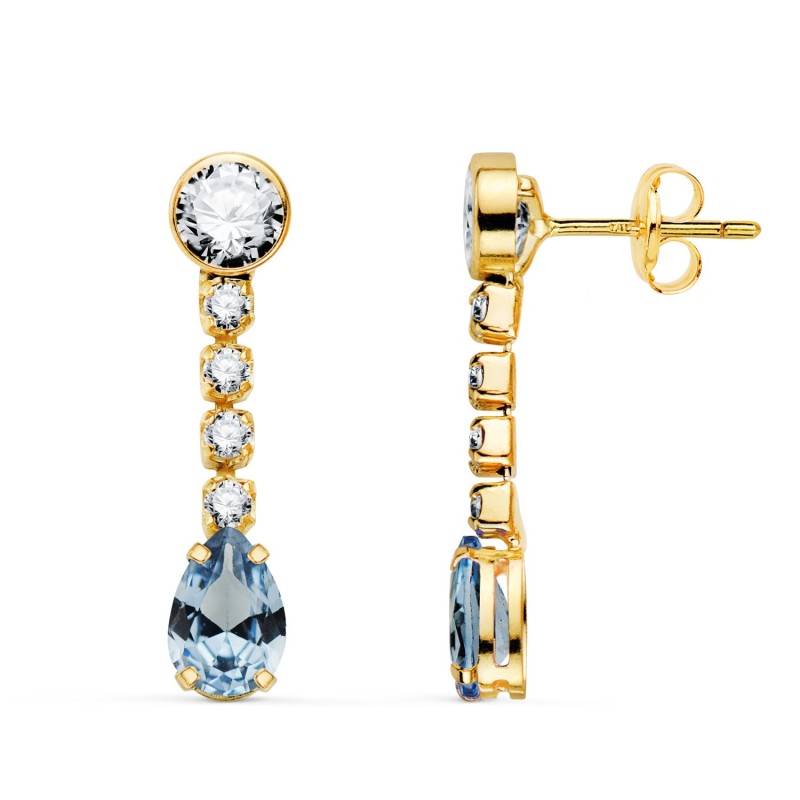 Pendientes Oro Amarillo Aguamarina En Forma De Gota Y Circonitas. 22X5 Mm. Cierre Presion oro 18k