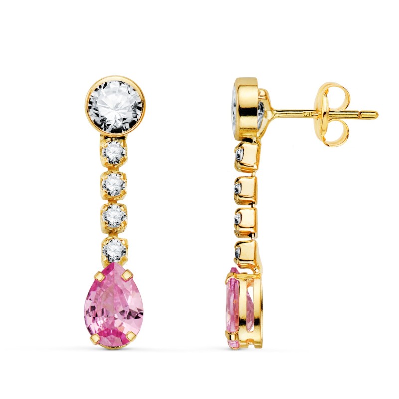 Pendientes Oro Amarillo Circonita Rosa En Forma De Gota Y Circonitas. 22X5 Mm. Cierre Presion oro 18k