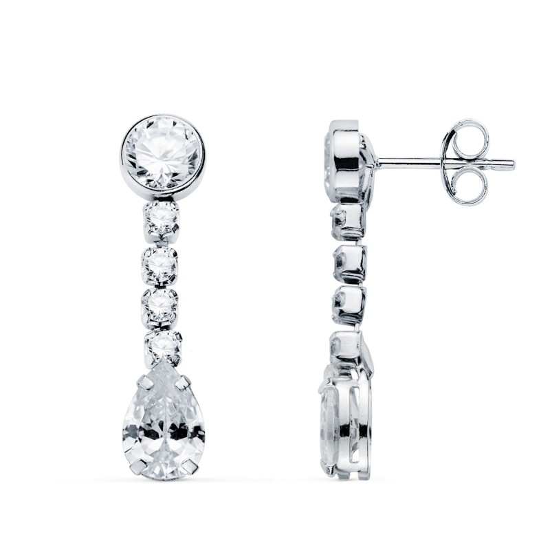 Pendientes Oro Blanco Circonita En Forma De Gota Y Circonitas. 22X5 Mm. Cierre Presion oro 18k