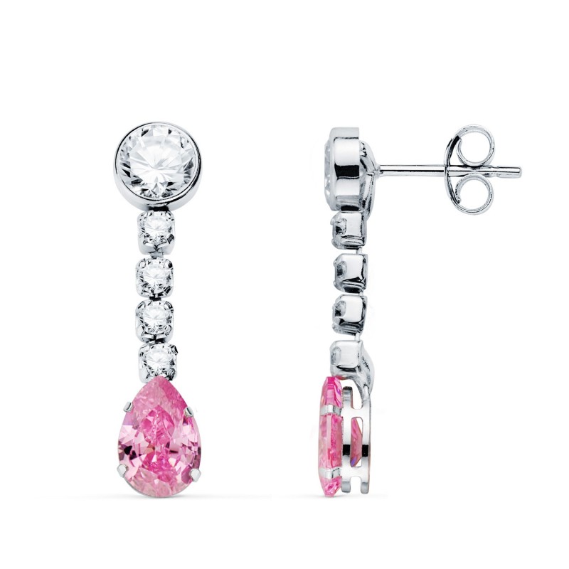 Pendientes Oro Blanco Piedra Rosa Gota Y Circontias. 22X5 Mm. Cierre Presion oro 18k