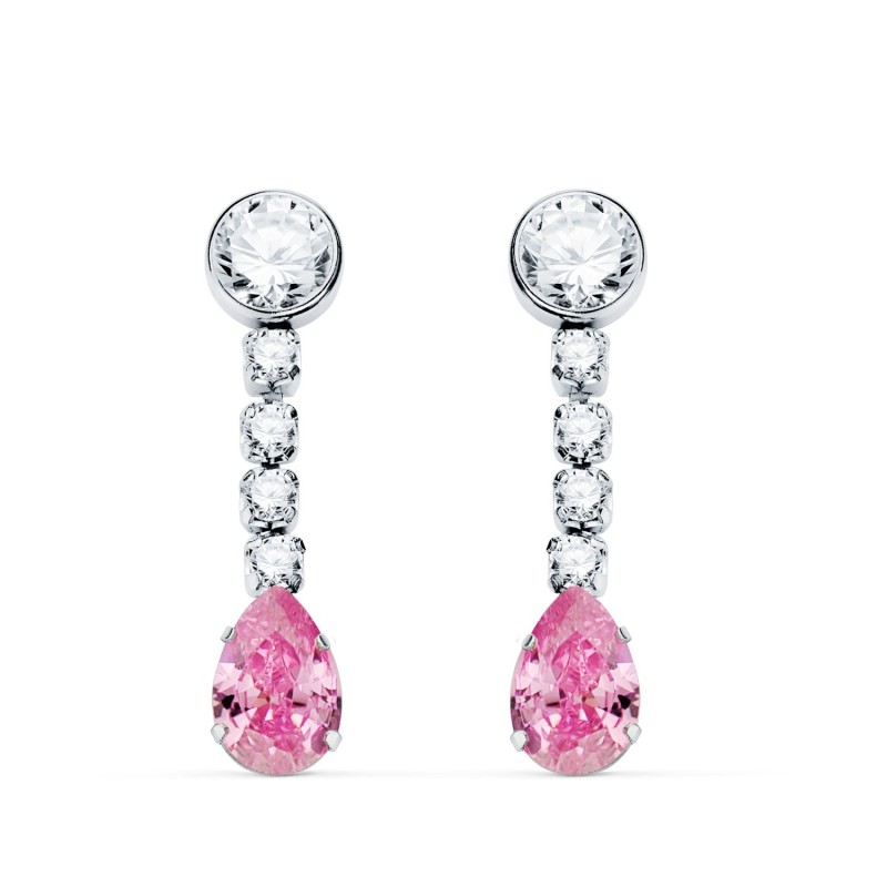 Pendientes Oro Blanco Piedra Rosa Gota Y Circontias. 22X5 Mm. Cierre Presion oro 18k
