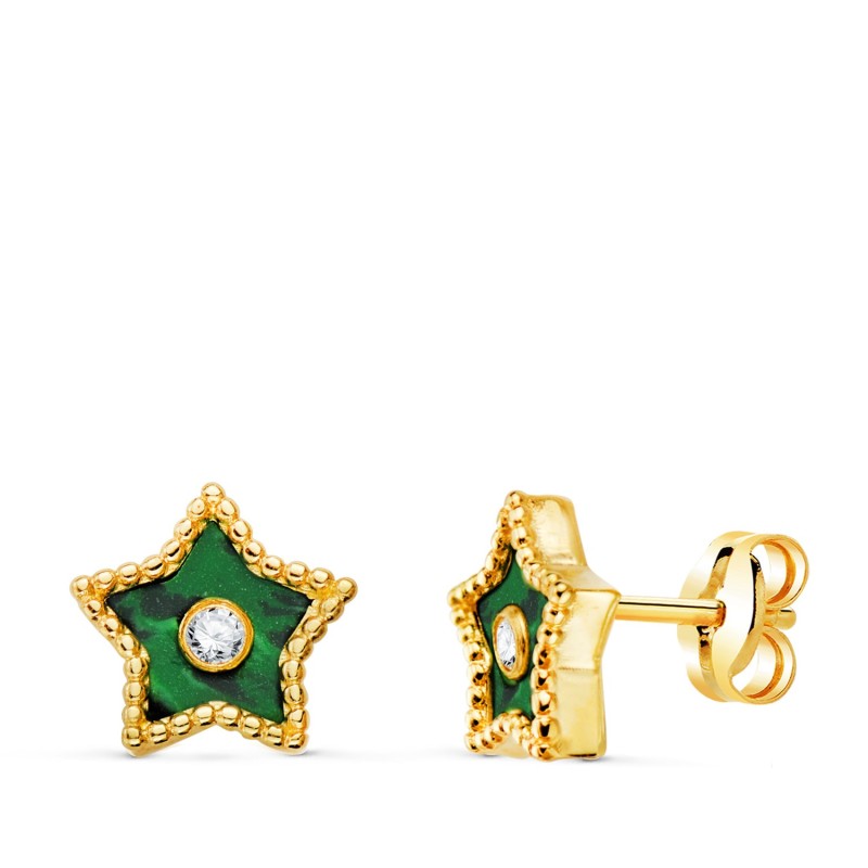 Pendientes Oro Amarillo Estrella Cerco Bolitas Y Malaquita Con Circonita 9X9 Mm. Cierre Presion oro 18k