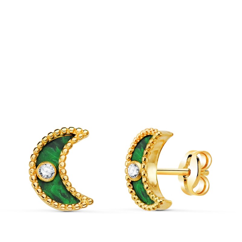 Pendientes Oro Amarillo Luna Cerco Bolitas Y Malaquita Con Circonita 10X7 Mm. Cierre Presion oro 18k