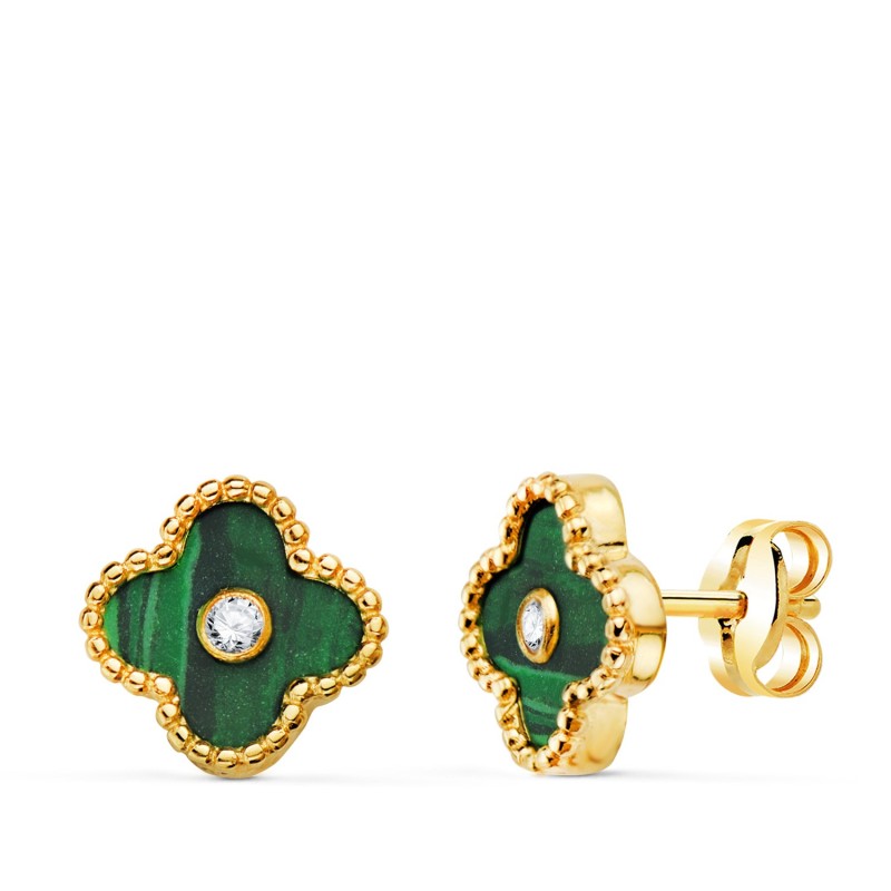 Pendientes Oro Amarillo Trebol Cerco Bolitas Y Malaquita Con Circonita 9X9 Mm. Cierre Presion oro 18k