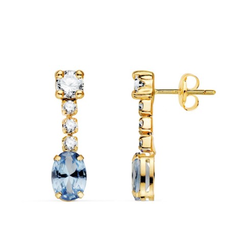 Pendientes Oro Amarillo Aguamarina En Forma Oval Y Circonitas. 20X5 Mm. Cierre Presion oro 18k