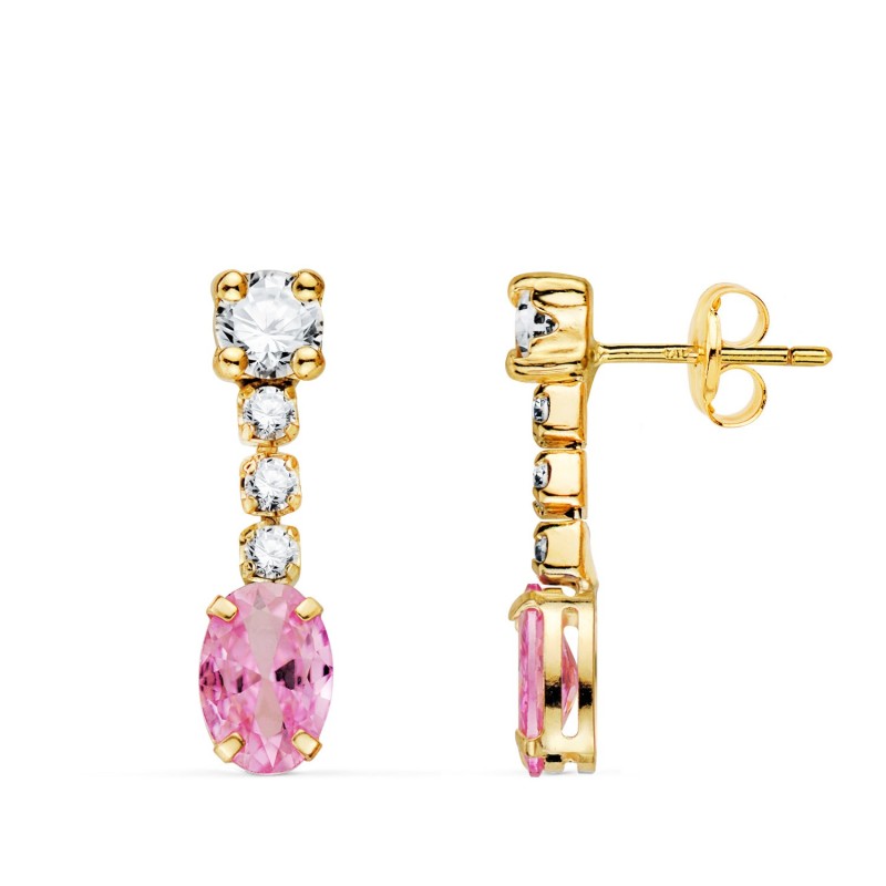 Pendientes Oro Amarillo Circonita Rosa En Forma Oval Y Circonitas. 20X5 Mm. Cierre Presion oro 18k
