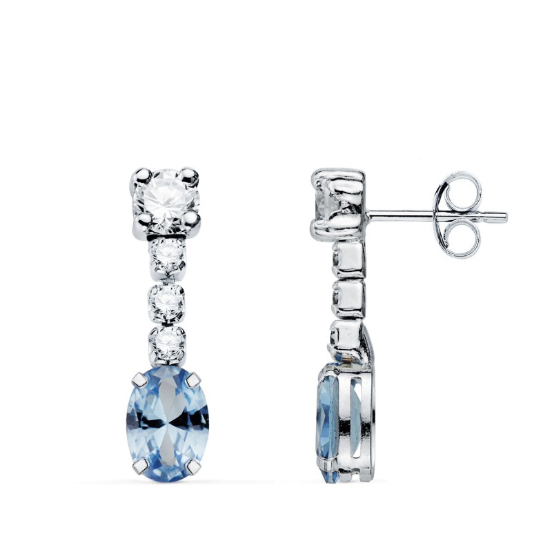 Pendientes Oro Blanco Aguamarina En Forma Oval Y Circonitas. 20X5 Mm. Cierre Presion oro 18k
