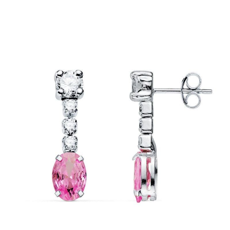 Pendientes Oro Blanco Circonita Rosa En Forma Oval Y Circonitas. 20X5 Mm. Cierre Presion oro 18k