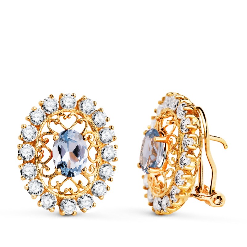 Pendientes Oro Amarillo Piedra Aguamarina 7X5 Mm Con Circonitas. Medida: 19X16 Mm. Cierre Omega oro 18k