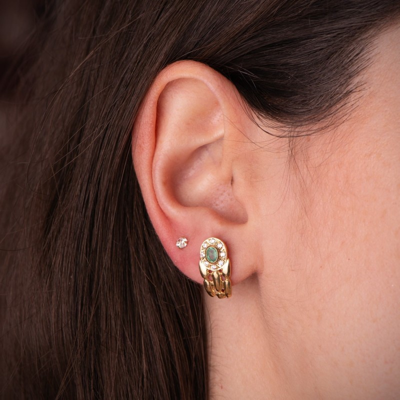 Pendientes Oro Amarillo Panter Con Esmeralda Y Circonitas. 16 X 8 Mm. Cierre Catalan oro 18k