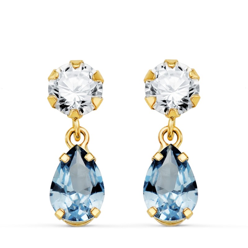 Pendientes Oro Amarillo Dos Cuerpos Con Circonita Y Aguamarina Lagrima 16 X 5Mm. Cierre Presion oro 18k
