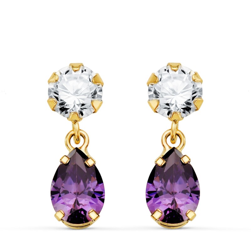 Pendientes Oro Amarillo Dos Cuerpos Con Circonita Y Amatista Lagrima 16 X 5Mm. Cierre Presion oro 18k