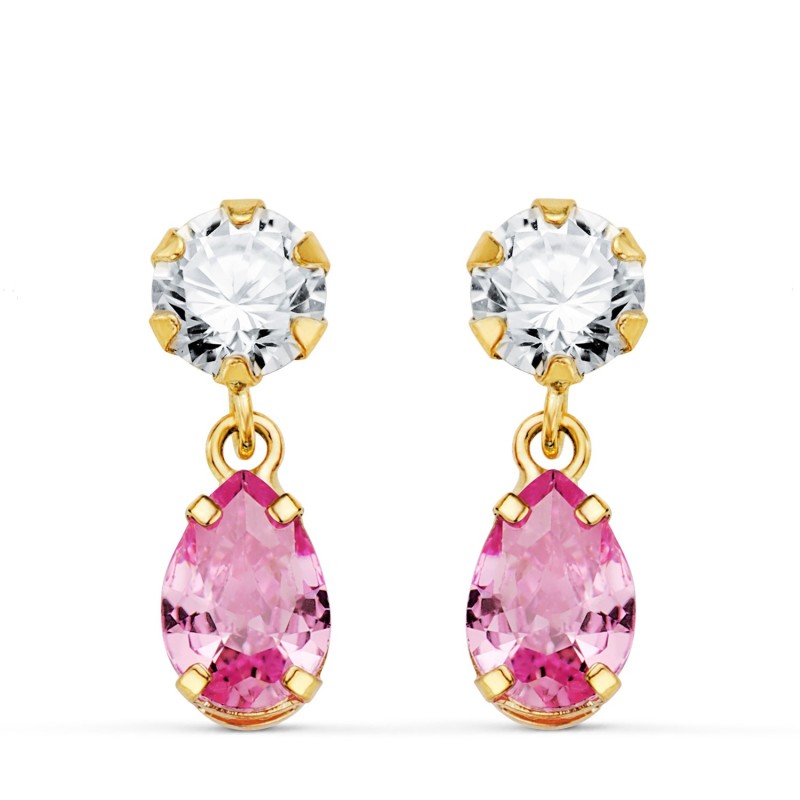 Pendientes Oro Amarillo Dos Cuerpos Con Circonita Y Piedra Rosa Lagrima 16 X 5Mm. Cierre Presion oro 18k