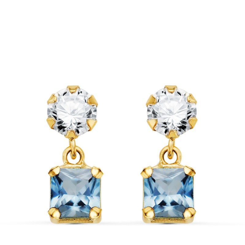 Pendientes Oro Amarillo Dos Cuerpos Con Circonita Y Agua Marina Cuadrada 14 X 5Mm. Cierre Presion oro 18k