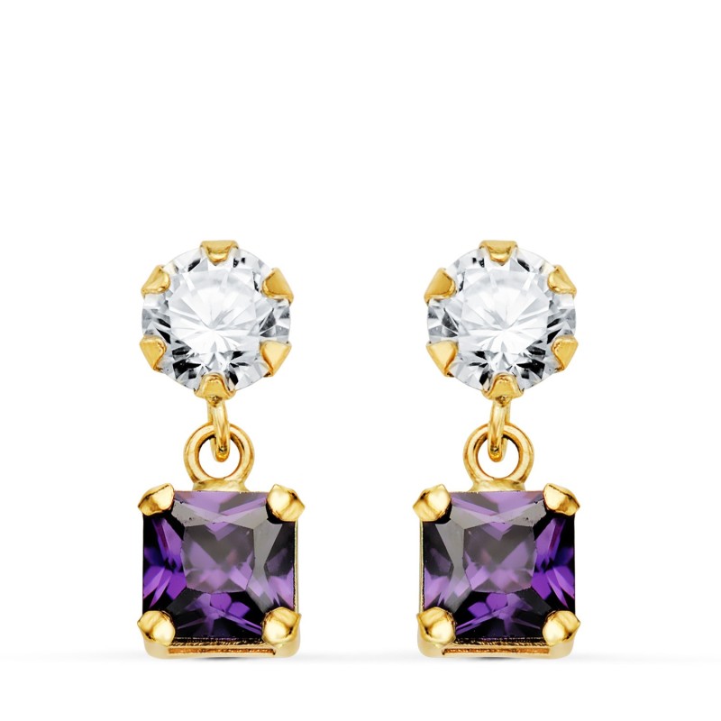 Pendientes Oro Amarillo Dos Cuerpos Con Circonita Y Amatista Cuadrada 14 X 5Mm. Cierre Presion oro 18k