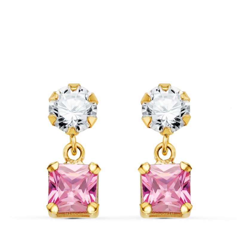 Pendientes Oro Amarillo Dos Cuerpos Con Circonita Y Piedra Rosa Cuadrada 14 X 5Mm. Cierre Presion oro 18k