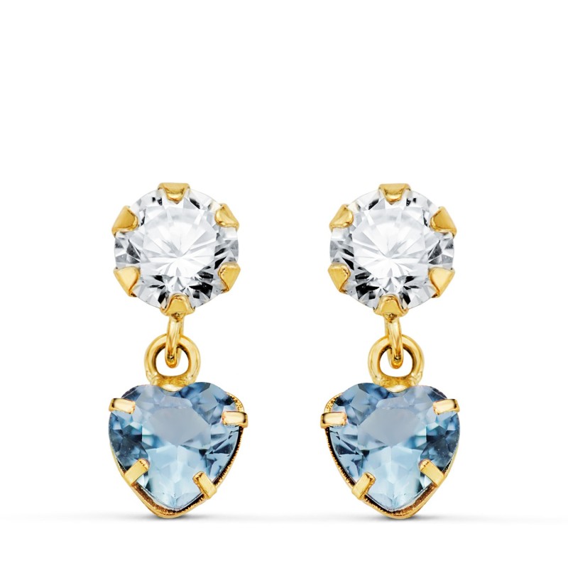Pendientes Oro Amarillo Dos Cuerpos Con Circonita Y Aguamarina Corazon 14 X 5Mm. Cierre Presion oro 18k
