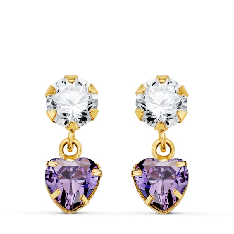 Pendientes Oro Amarillo Dos Cuerpos Con Circonita Y Amatista Corazon 14 X 5Mm. Cierre Presion oro 18k