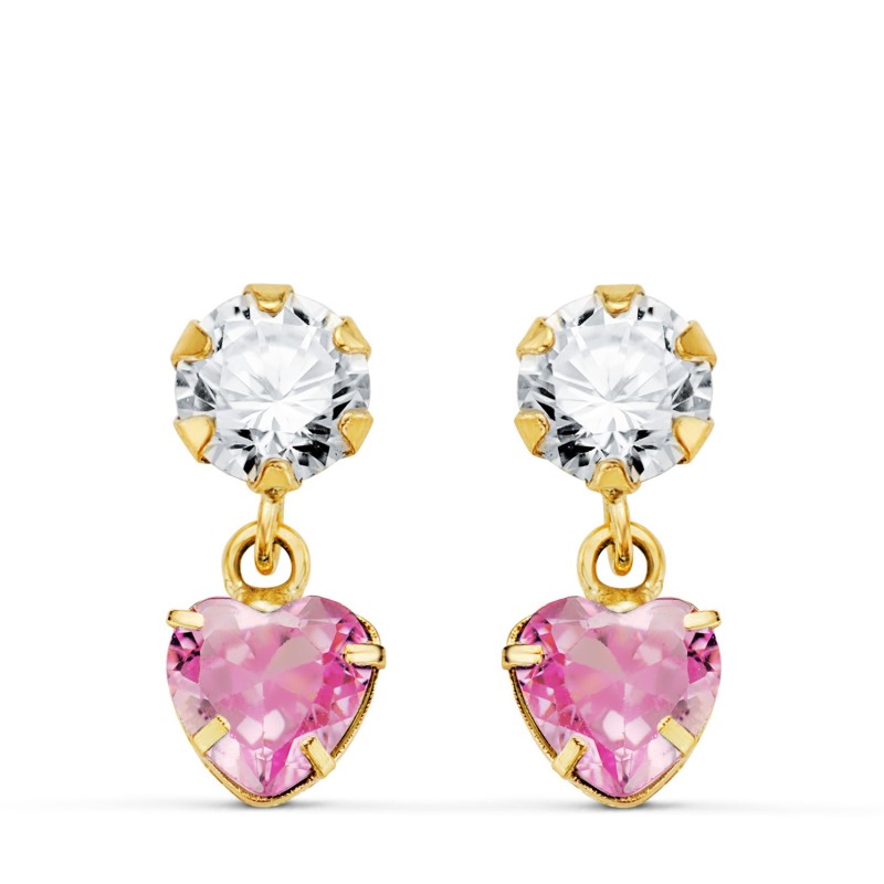 Pendientes Oro Amarillo Dos Cuerpos Con Circonita Y Piedra Rosa Corazon 14 X 5Mm. Presion oro 18k